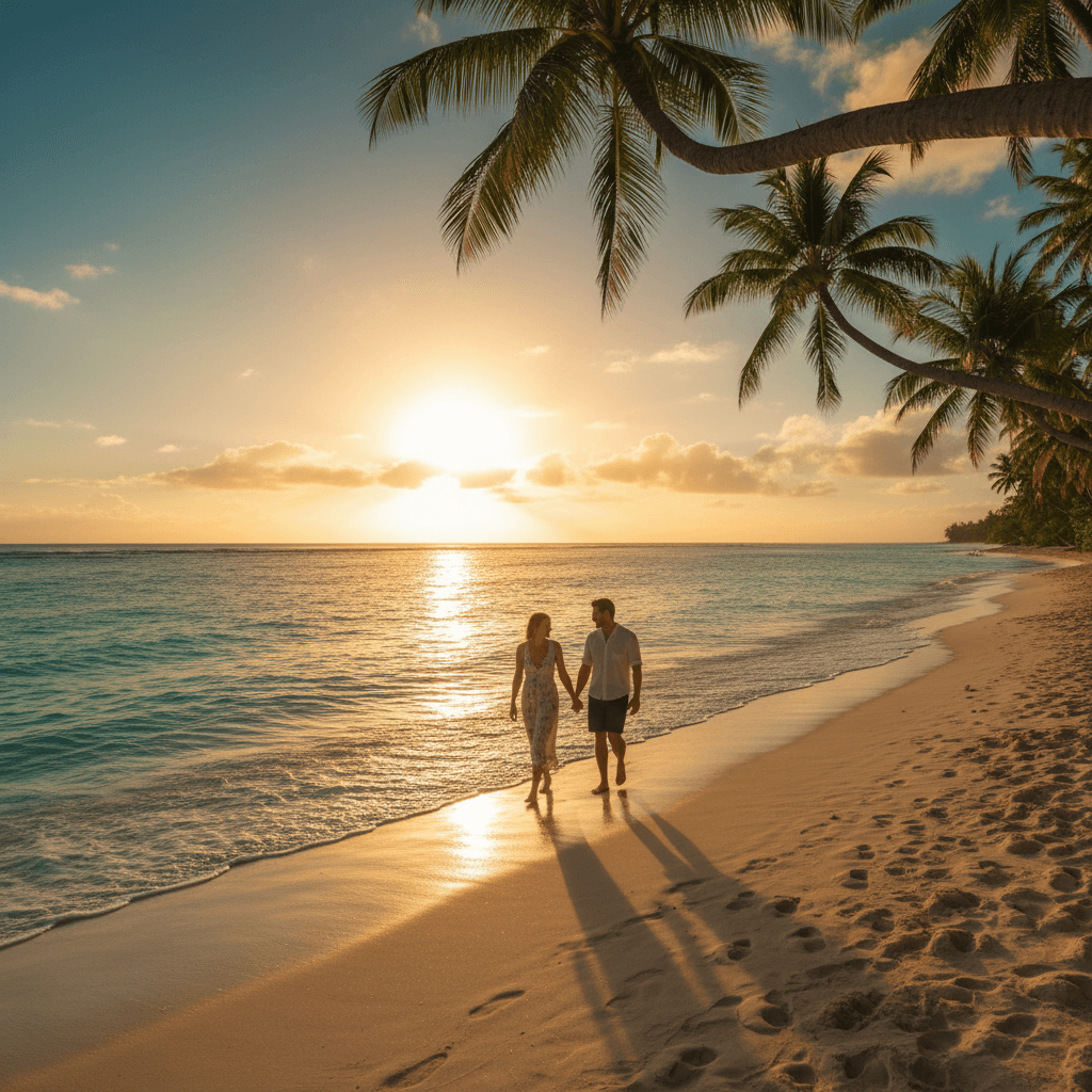 Tropical beach at sunset with couple walking along shoreline