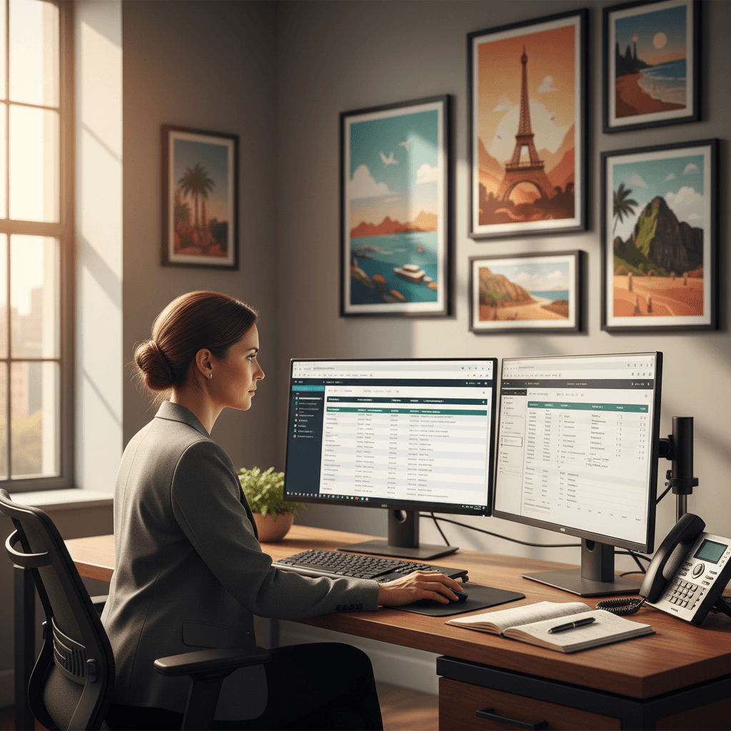 Travel agent managing multiple bookings from dedicated workspace