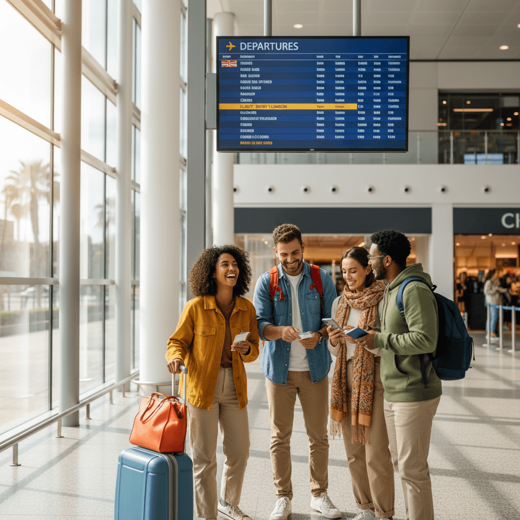 Travelers at airport gate preparing for departure