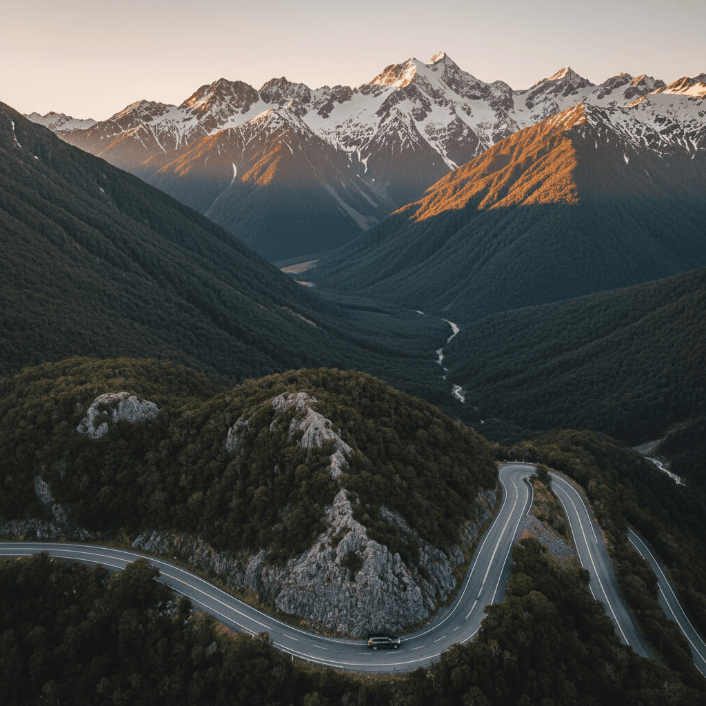 New Zealand mountain landscape with winding road and vehicle