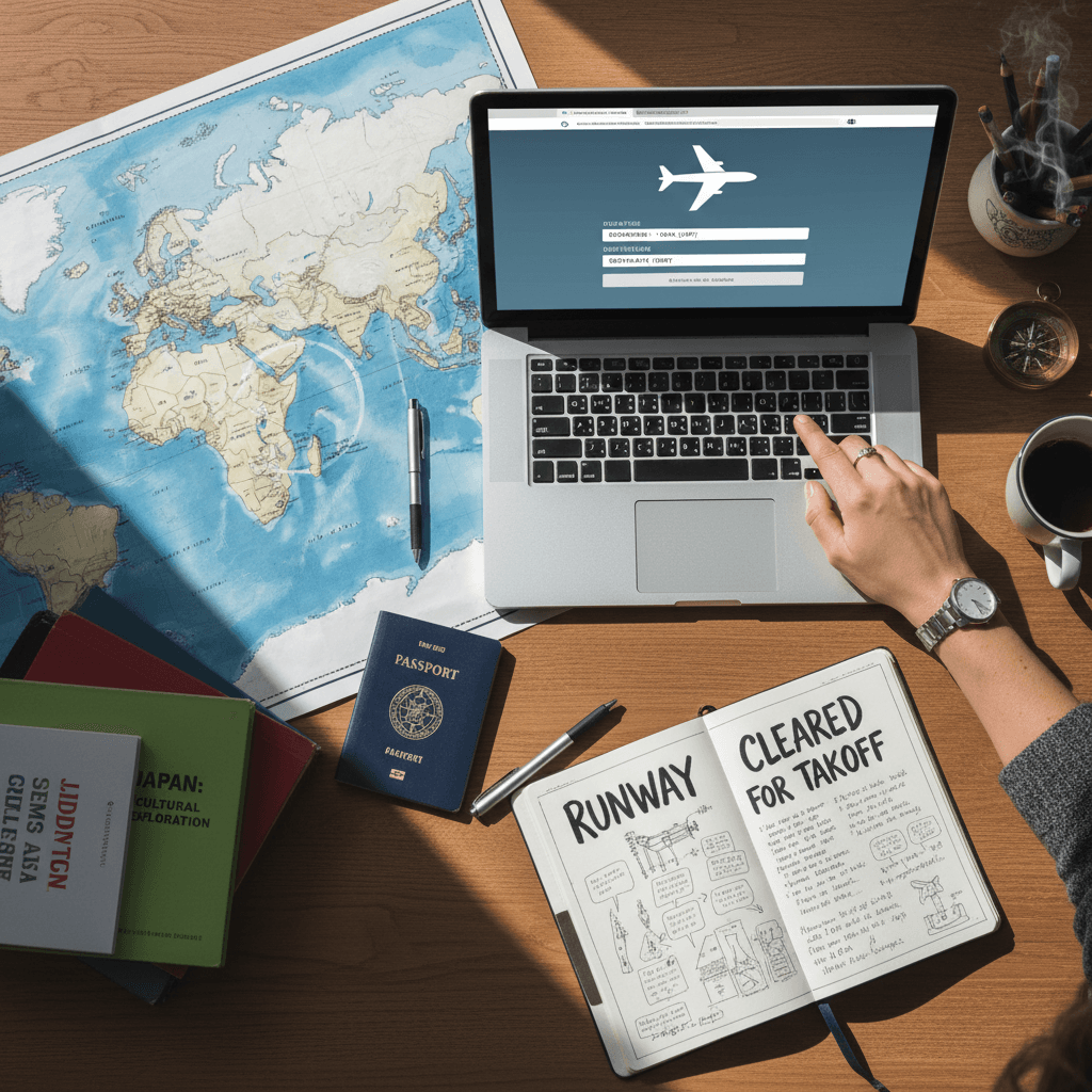 Travel planning workspace with laptop, maps, and booking interface