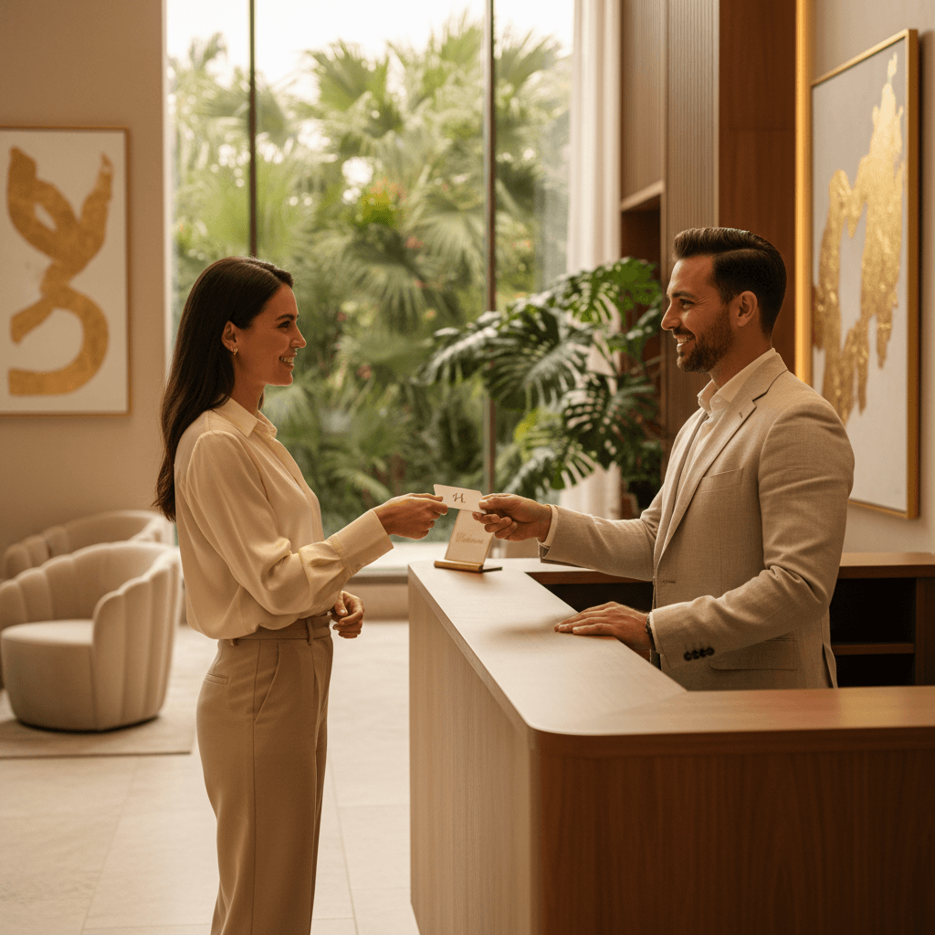 Hotel guest checking in at reception desk