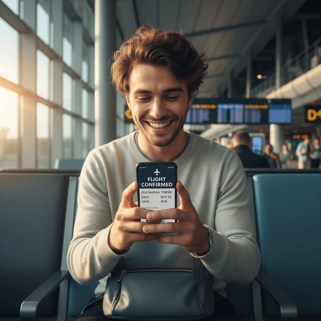 Traveler reviewing confirmed flight booking on phone